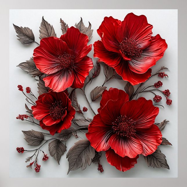 Poster Belas Flores e Folhas Vermelhas (Frente)