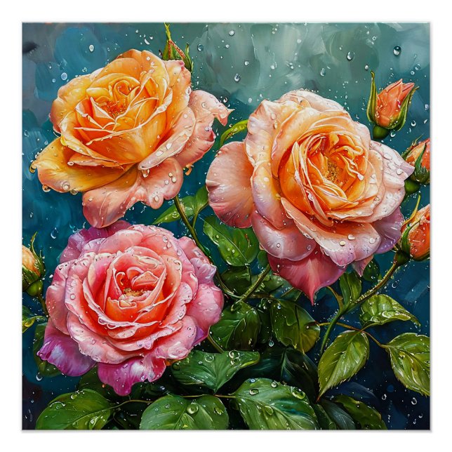 Pôster Belas Rosas Floridas com Gotículas de Água (Frente)