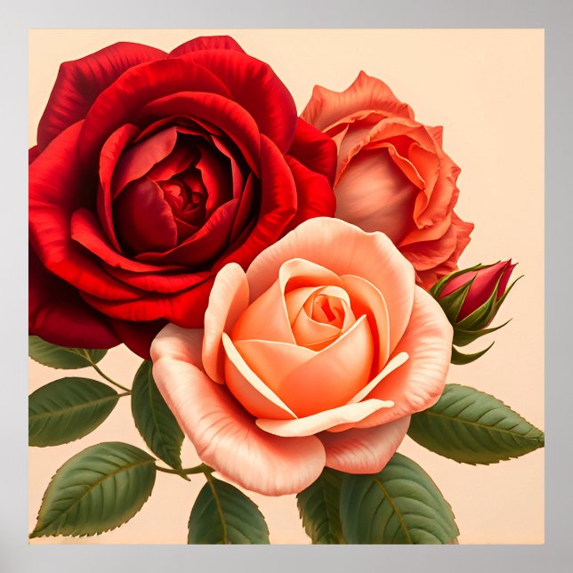 Poster Belas Rosas Vermelhas, Rosadas e Coral (Frente)