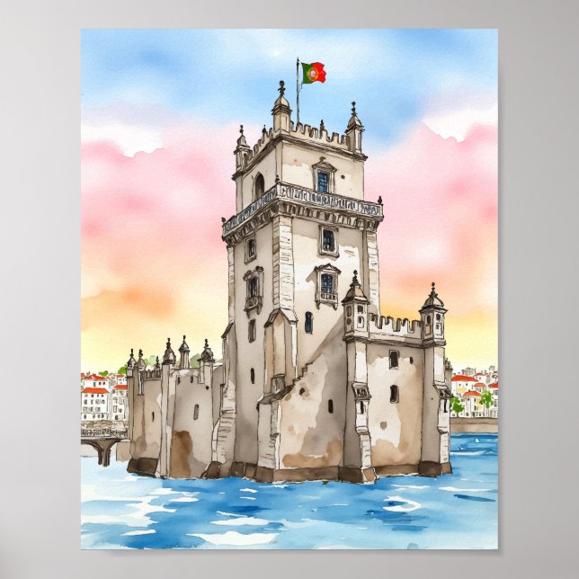 Poster Belem Tower Lisboa Portugal Watercolor (Frente)