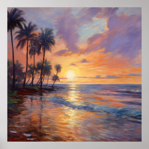 Poster Beleza impressionista: Praia, Palmas e Sunset