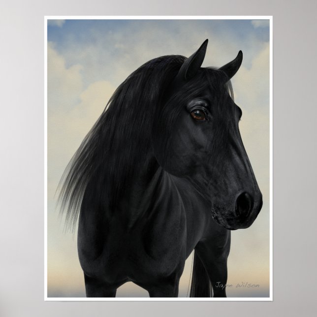 Pôster Beleza Negra - Retrato de Cavalo Frísia Negra (Frente)