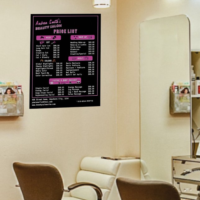 Poster Beleza Salon Services Price List Modern Black Pink (Criador carregado)