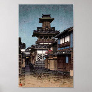 Poster Belfry em Okayama, Hasui Kawase, Woodcut