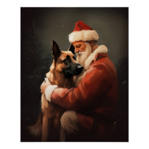 Pôster Belga Malinoi com Papai Noel Natal Festivo