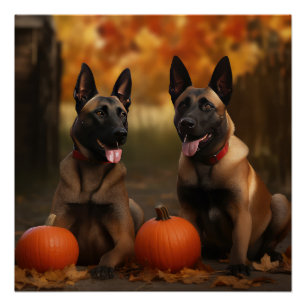 Pôster Belga Malinoi Puppy Autumn Delight Pumpkin