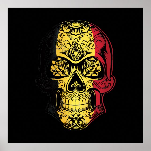 Poster Bélgica Crânio E Bandeira Rosa (Frente)