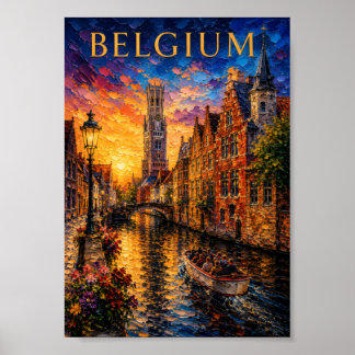 Poster Belgium: Romantic Sunset Bruges Canal Art Souvenir