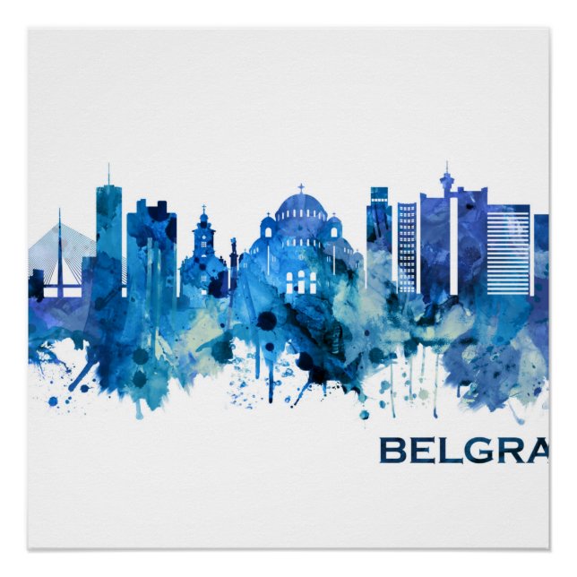 Pôster Belgrado Sérvia Skyline Blue (Frente)