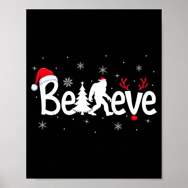 Poster Believe Bigfoot Sasquatch Reindeer Santa Hat Merry (Frente)