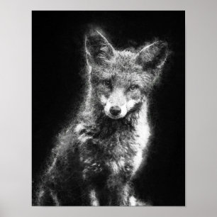 Poster belíssima raposa arte de esboço preto e branco