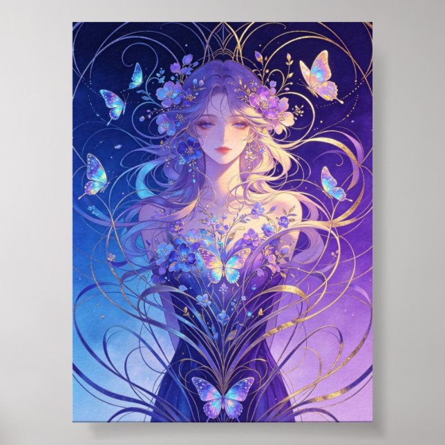 Poster belíssima senhora borboleta em azul e cor roxa (Frente)