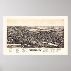 Poster Bellevue, Mapa Panorâmico OH - 1888