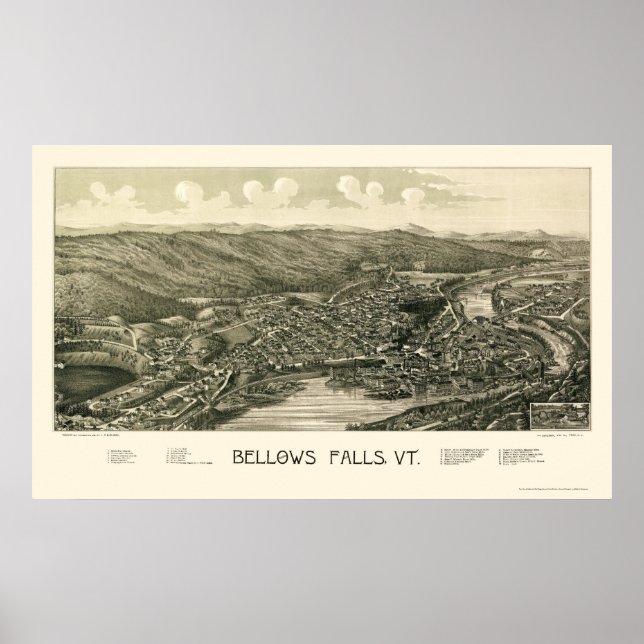 Pôster Bellows Falls, Mapa Panorâmico VT - 1880 (Frente)