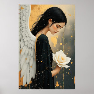 Poster Belo Anjo Gótico e Rosa Branca Celestial