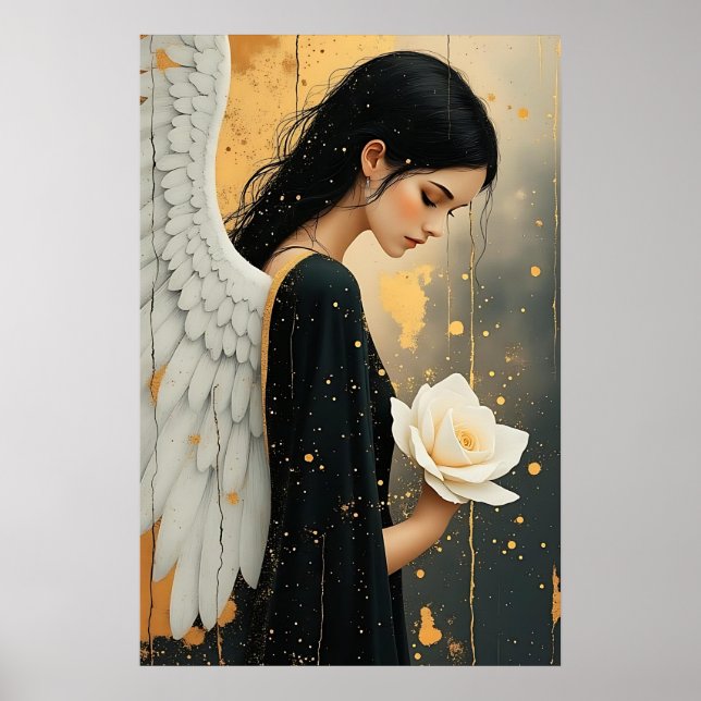 Poster Belo Anjo Gótico e Rosa Branca Celestial (Frente)