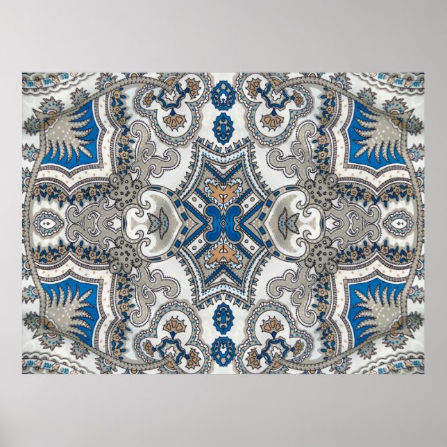 Poster Belo arabesco branco e azul, padrão islâmico (Frente)