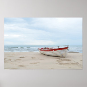 Poster Belo Barco de Praia Pequeno Céu Azul Oceano Azul