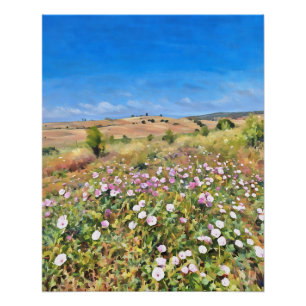 Pôster Belo Campo De Flor Selvagem Sob O Céu Azul Brilhan