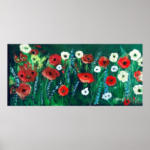 Poster Belo Campo de Poppies Vermelho-Laranja, Branco-Azu
