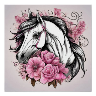 Pôster Belo Cavalo Branco com Flores Rosa