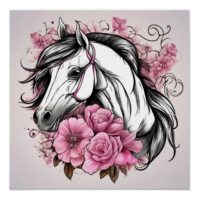 Pôster Belo Cavalo Branco com Flores Rosa (Frente)