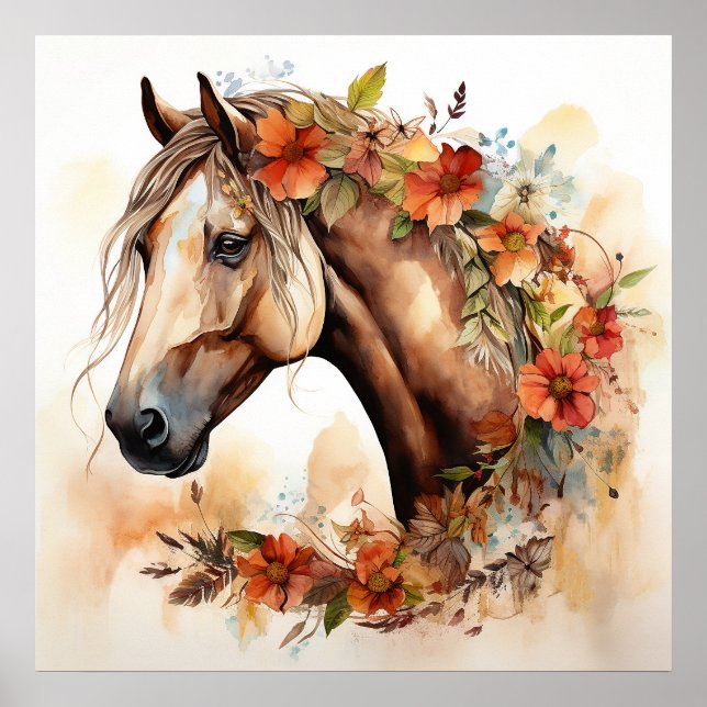 Poster Belo Cavalo com Bonito Flor Aquarela (Frente)