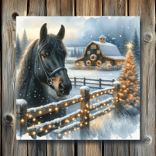 Poster Belo Cavalo Negro Festivo no Natal da Fazenda