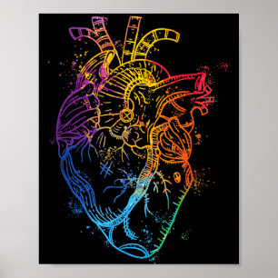 Poster Belo Coração de Arco-Íris em Aquarela Órgão Humano