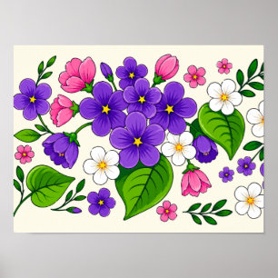 Poster Belo Design Floral Roxo, Rosa e Branco