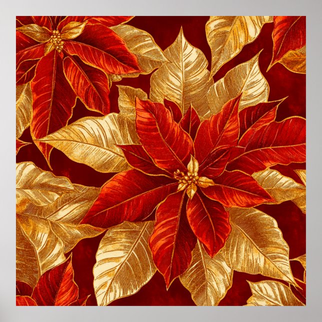 Poster Belo Dourado Vintage Poinsettias Natal (Frente)