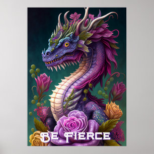 Poster Belo Dragão Roxo e Flores
