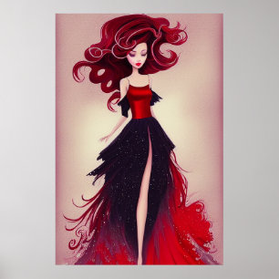 Poster Belo esboço de moda da mulher com cabelo vermelho