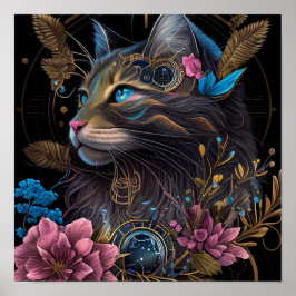 Poster Belo galpão Maine Coon com flores Arte AI