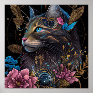 Poster Belo galpão Maine Coon com flores Arte AI