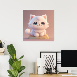 Poster Belo Gatinho Branco Fofo de Olhos Grandes