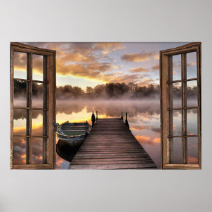 Poster Belo Lago Através Da Janela Com Barco Horizontal