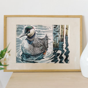 Poster belo leão sobre a água em aquarela