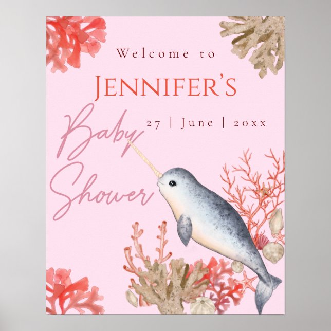 Poster Belo oceano Narwhal Chá de fraldas Bem-vindo Poste (Frente)