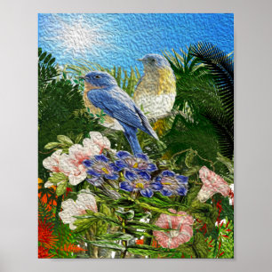 Poster Belo óleo pintura 2 pássaros entre flores
