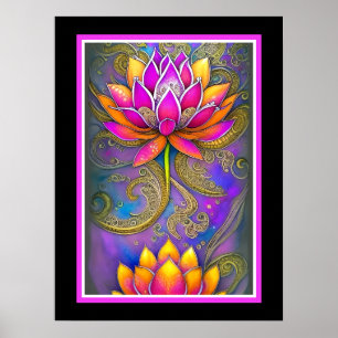 Poster Belo Ornamentado Rosa Rosa Flores de Lotus,
