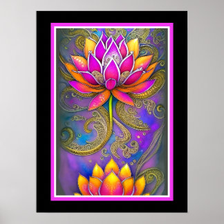 Poster Belo Ornamentado Rosa Rosa Flores de Lotus,