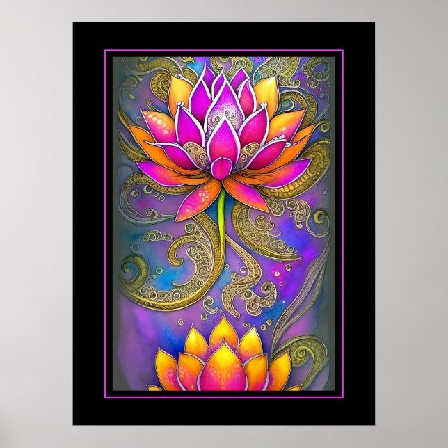 Poster Belo Ornamentado Rosa Rosa Flores de Lotus, (Frente)