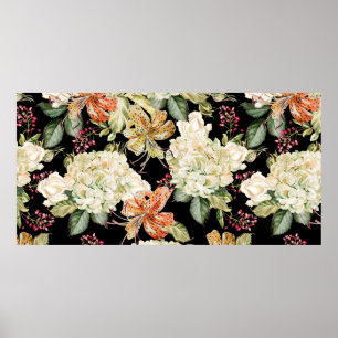 Poster Belo padrão de aquarela com flores de hidra