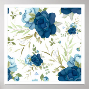 Poster Belo Padrão Floral Azul Sem Costura