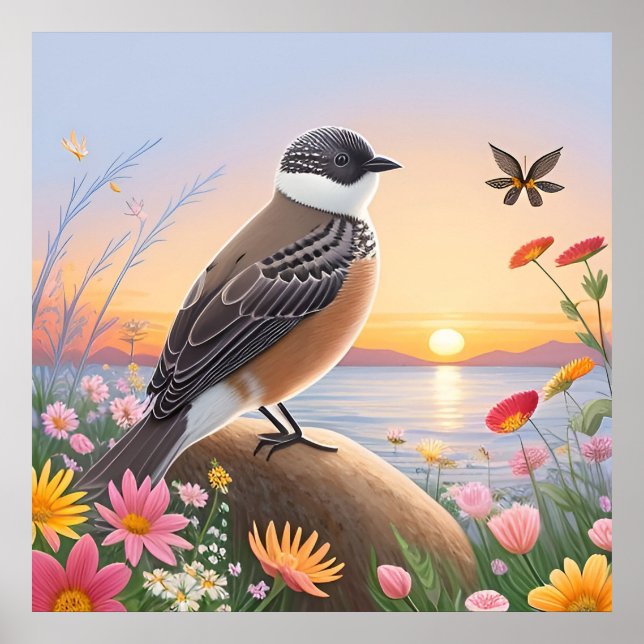 Poster Belo Pássaro em Cena da Natureza Costeira (Frente)
