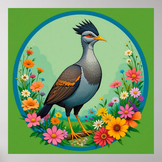 Poster Belo Pássaro Exótico Descansando Entre Flores Colo (Frente)