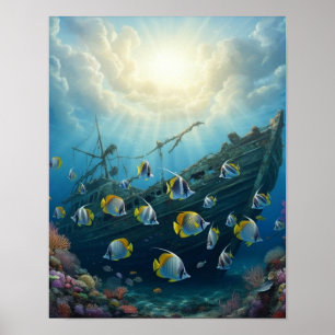 Poster Belo peixe de recife com um naufrágio  