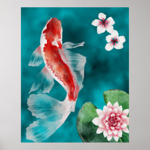 Poster Belo Peixe Koi Japonês, Cereja Blossomo Japão