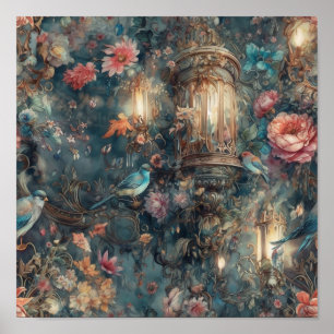 Poster Belo Período Pássaros Do Jardim Rococó E Flores